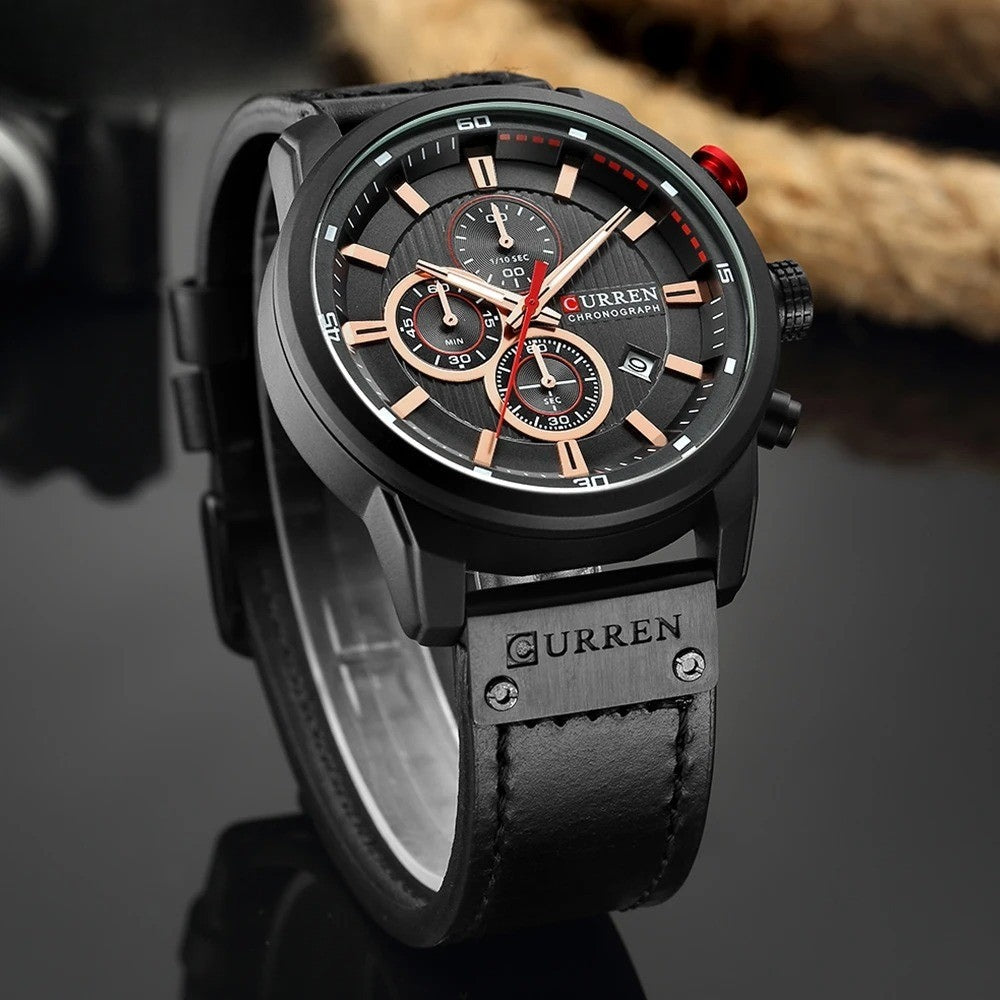 Mens Chronograph Premium Leather Watch - Dominus Black